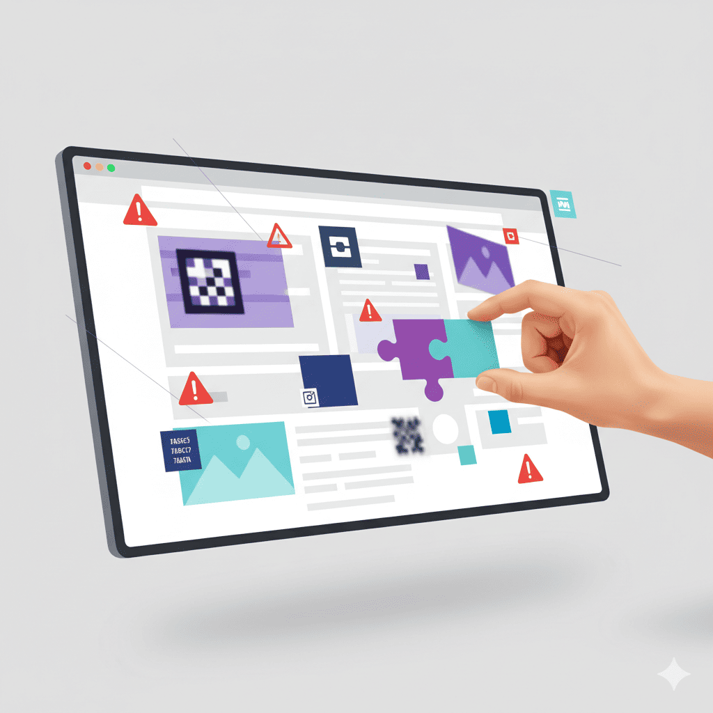 Imagen destacada 2 Ilustración conceptual de una pantalla web con errores de diseño marcada con alertas rojas, mientras una mano coloca una pieza de rompecabezas para corregirlos, representando los errores al crear una página web en 2025 y cómo solucionarlos.
