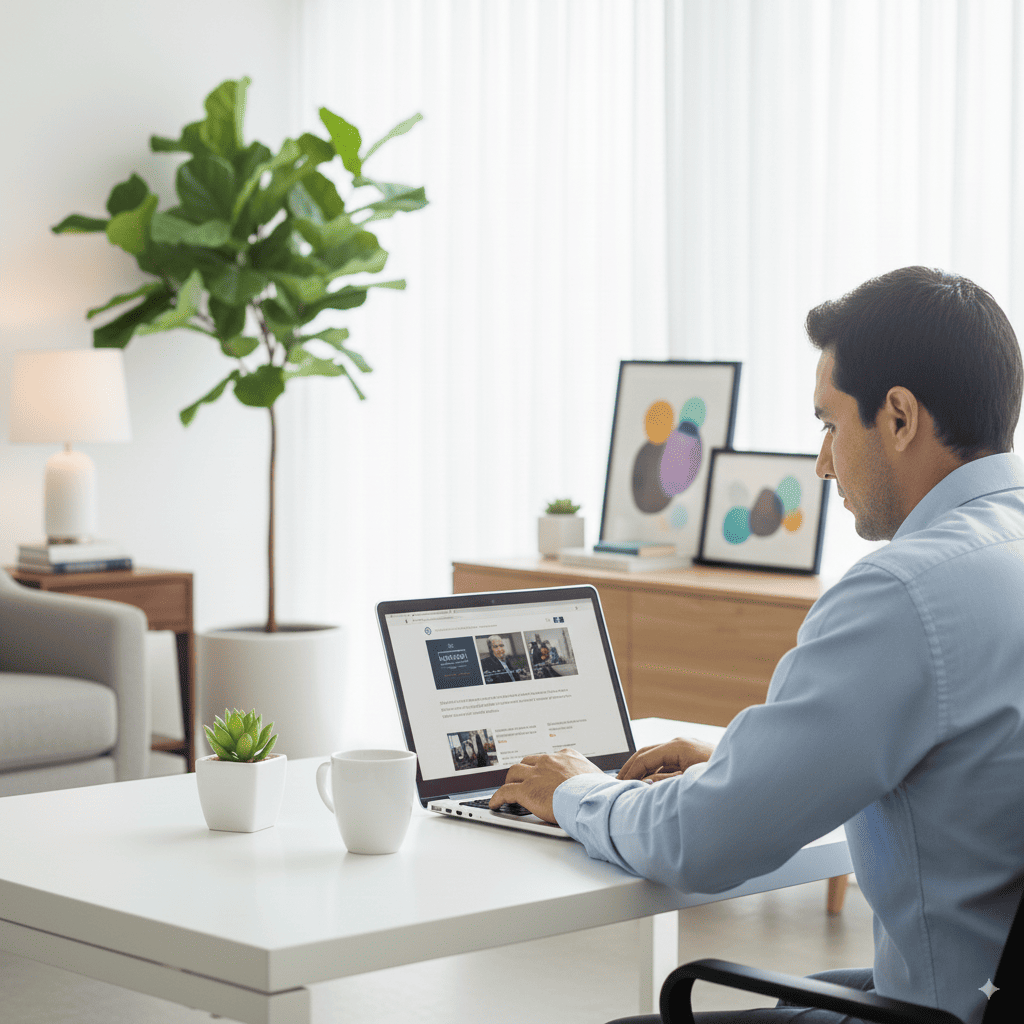 Imagen destacada costo web c Hombre joven en oficina moderna trabajando en su laptop, mostrando la página web de un negocio con diseño profesional, responsivo y optimizado para SEO en Perú.