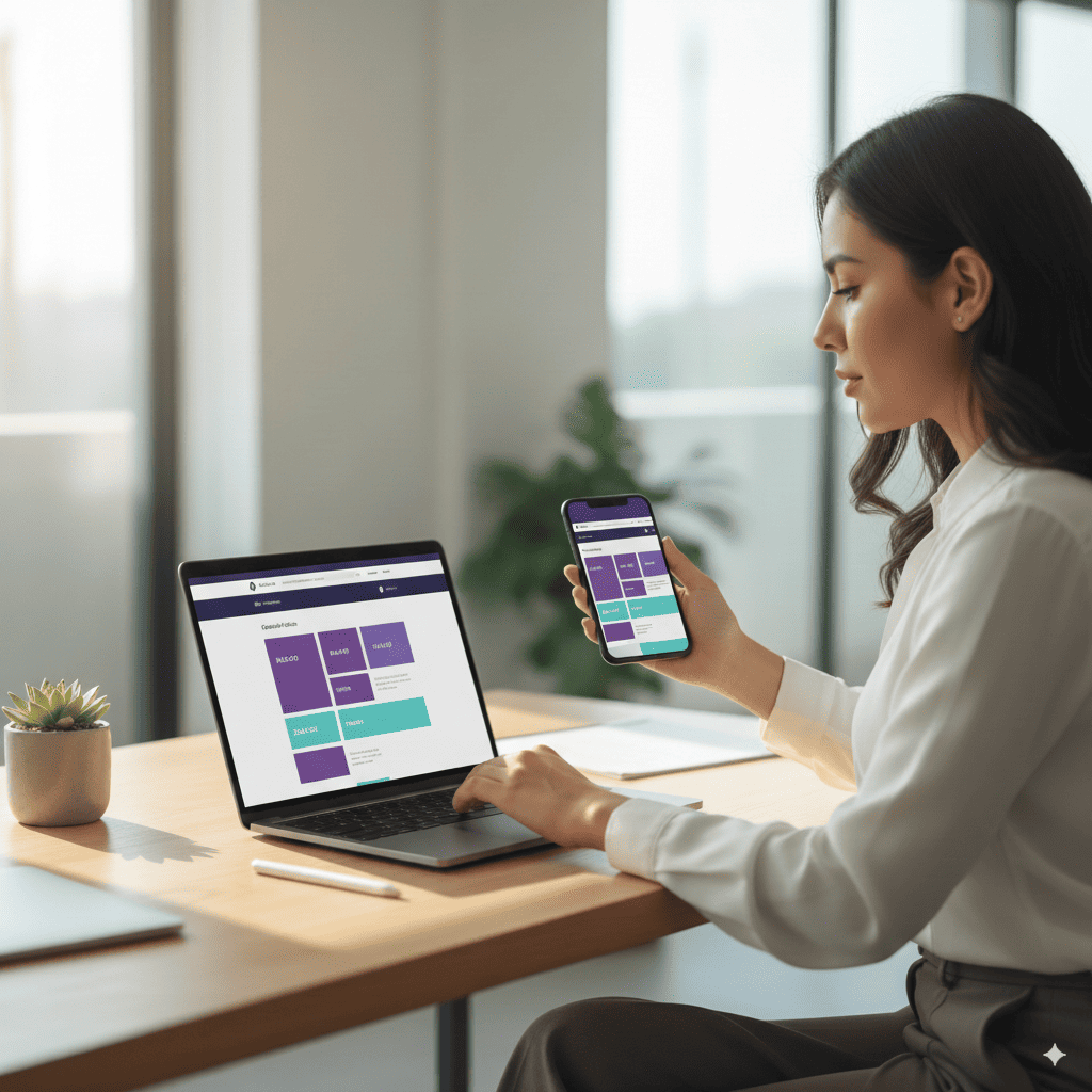 Imagen destacada por qué web c Mujer joven en oficina moderna trabajando en su página web profesional, visible en laptop y teléfono móvil, con diseño responsivo y optimizado para SEO, representando la importancia de tener un sitio web para negocios en Perú.