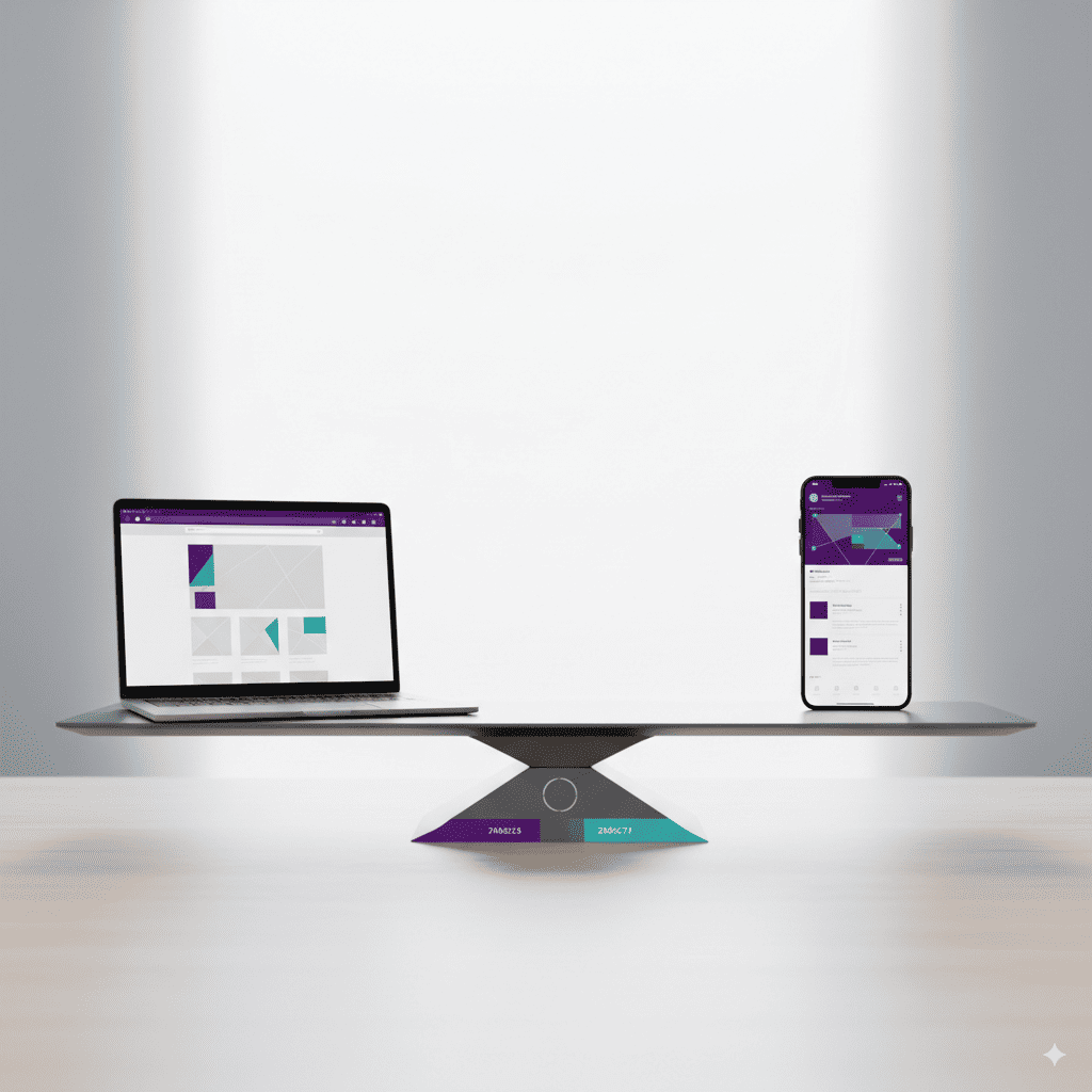 Imagen destacada web vs redes 2c Ilustración conceptual de una balanza con una laptop mostrando una página web y un smartphone mostrando un feed de redes sociales, representando la comparación página web vs redes sociales en 2025 en Perú.